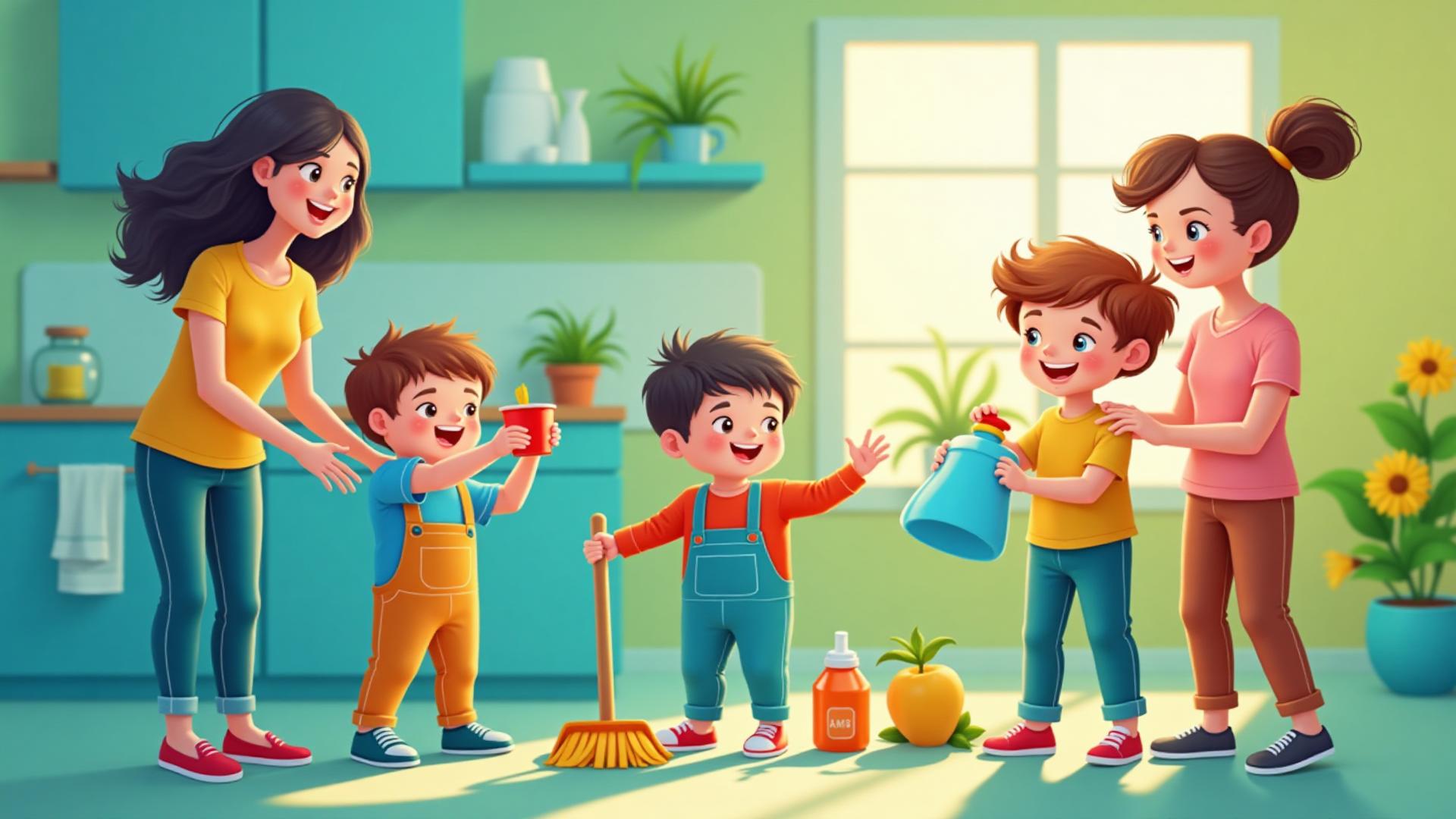 Happy family completing chores together