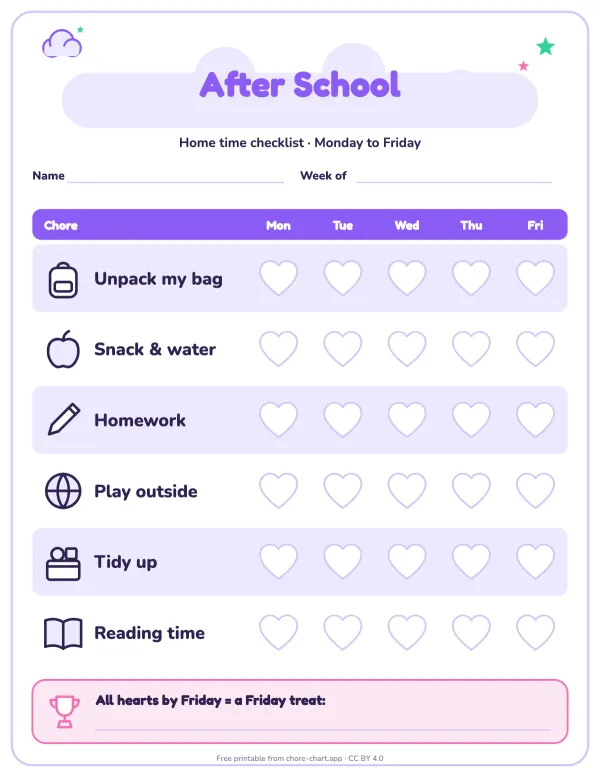 After-school routine chart (Mon-Fri) — printable PDF preview. Monday to Friday only, because weekends run differently. The steps always come in the same order: unpack, snack, homework, play, tidy, read.