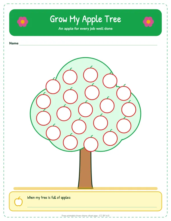 Apple tree sticker chart — printable PDF preview. Twenty apple spots on a tree. Red dot stickers or a crayon turn it into a full tree.