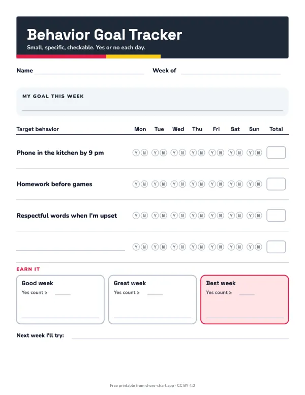 Behavior goal tracker for tweens — printable PDF preview. Pick up to four target behaviors, mark yes or no each day, and agree on a reward for a good, great or best week.