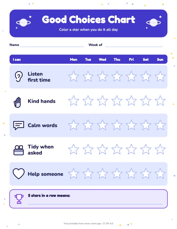 Behavior star chart, ages 5-7 — printable PDF preview. Five clear positive behaviors with pictures (listen, kind hands, calm words, tidy up, help someone) and a star for each one every day.