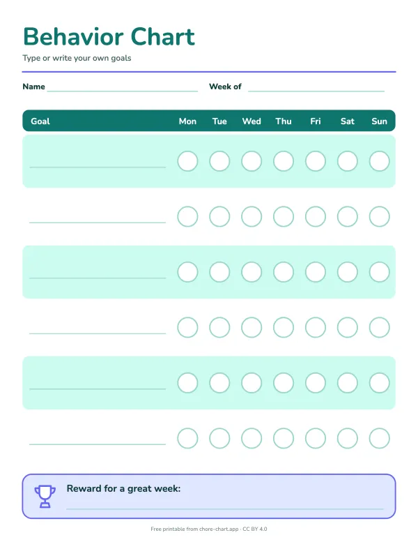 Blank behavior chart (fillable PDF) — printable PDF preview. Type your own target behaviors and reward right in the PDF, then print. Seven days, circles to check off.