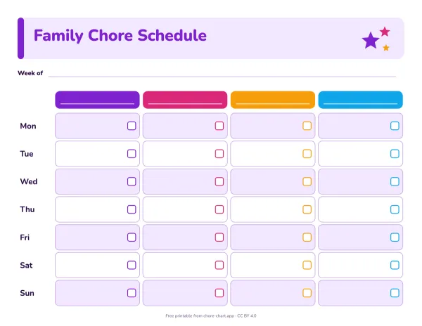Blank family chore schedule (fillable PDF) — printable PDF preview. Up to four kids across, seven days down. Type who does what each day; the PDF keeps it editable.