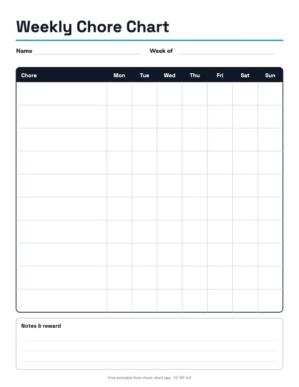 Blank weekly chore chart (fillable PDF) — printable PDF preview. A clean blank grid: type chores and notes straight into the PDF or write them by hand. Ten rows, seven days.