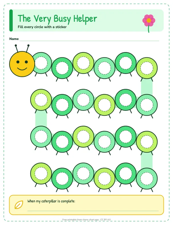 Caterpillar sticker chart — printable PDF preview. A 24-segment caterpillar to fill with stickers, a fun way to count up to a bigger reward.
