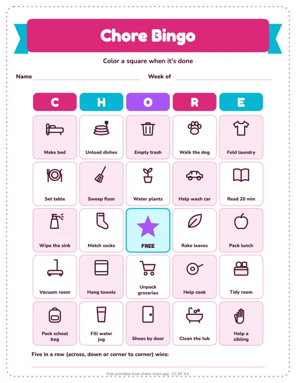 Chore bingo card, ages 8-10 — printable PDF preview. 24 different jobs and a free center square, so the week doesn't feel the same every day. That variety is what keeps eight- to ten-year-olds interested.