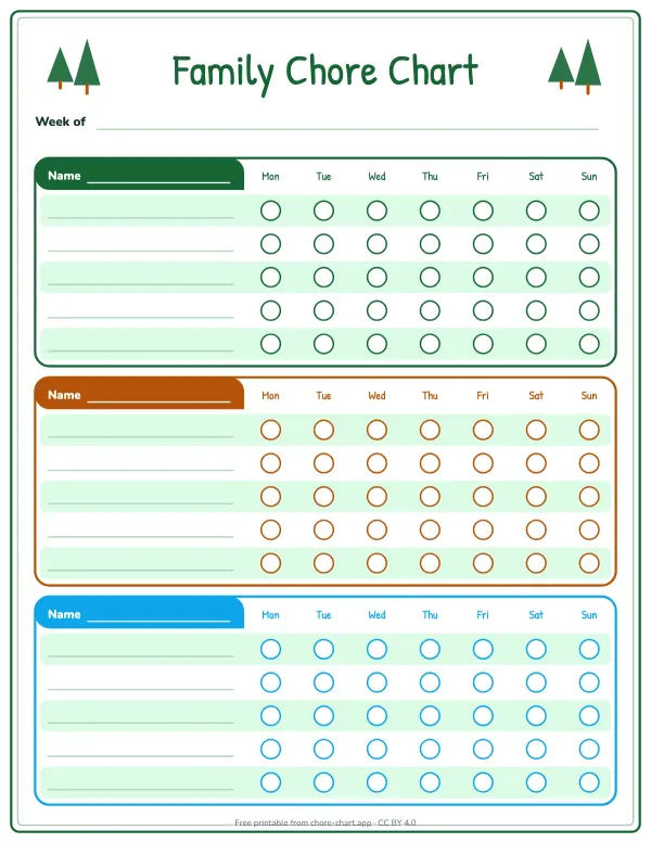 Chore chart for 3 kids — printable PDF preview. Three color-coded panels on one page: each child gets five chores and a seven-day row.