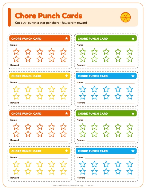 Chore punch cards — printable PDF preview. Eight wallet-size punch cards, ten stars each. Punch or stamp a star per job; a full card earns the reward written on it.
