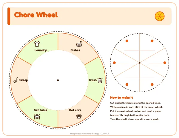 Chore wheel for multiple kids — printable PDF preview. A cut-out two-part chore wheel: six jobs on the big wheel, names on the small one. Turn it once a week to rotate chores fairly.