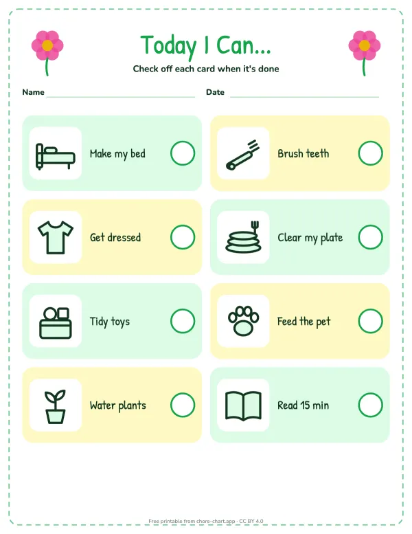 Daily chore checklist for ages 5-7 — printable PDF preview. One day at a time, for six-year-olds who find a whole week too abstract. Eight big cards with one check each; laminate it and wipe it every evening.