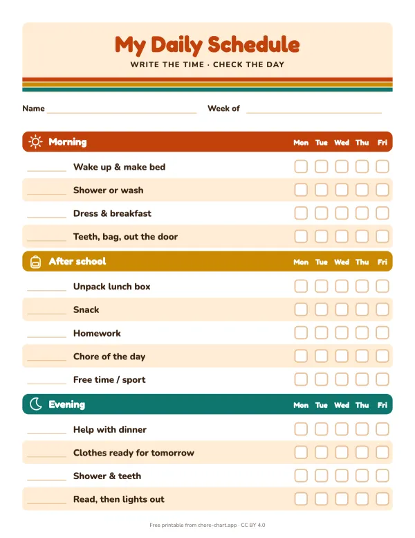 Daily routine schedule for ages 8-10 — printable PDF preview. Thirteen tasks in morning, after-school and evening blocks, with a blank time column the child fills in. Practice in planning time before middle school.