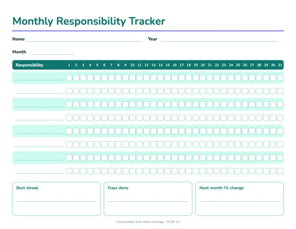 Monthly responsibility tracker — printable PDF preview. A landscape 31-day grid for up to six habits the tween chooses, such as practice or reading, with streak and review boxes. The tracking becomes theirs.