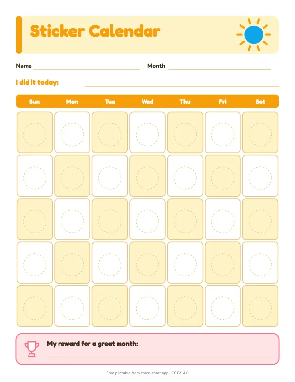 Monthly sticker calendar — printable PDF preview. A blank month grid: one sticker for each day the goal happened (dry night, teeth brushed, practice done).
