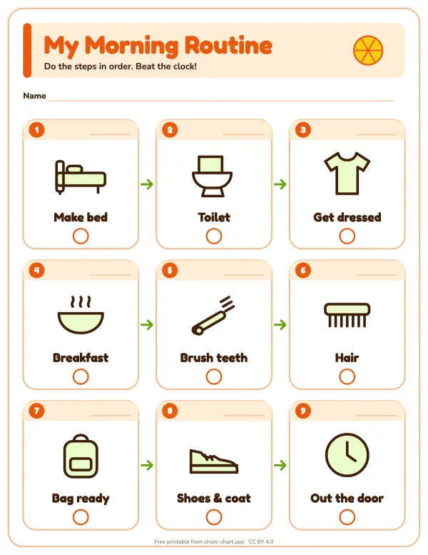 Morning routine chart for ages 5-7 — printable PDF preview. Nine numbered steps with a time box beside each, so a five- to seven-year-old can compare the clock with "shoes on by 7:45" instead of waiting to be told.
