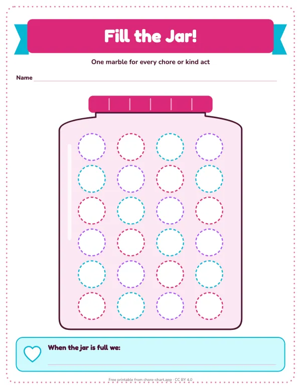 Reward jar chart — printable PDF preview. Color or sticker one marble per good deed; when the jar is full, the family does the reward together.