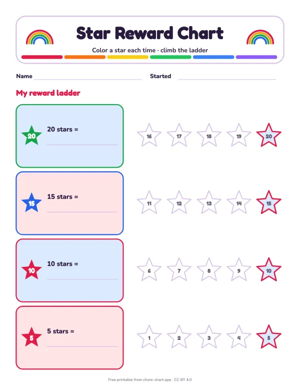Reward star ladder — printable PDF preview. Twenty stars to color plus a four-step ladder of rewards at 5, 10, 15 and 20 stars, so the payoff comes early.