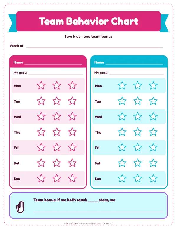 Siblings behavior chart (2 kids) — printable PDF preview. Two side-by-side charts with three stars a day each, plus a team bonus they only get together.