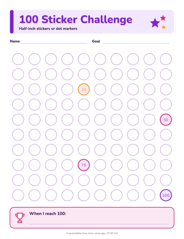 100-sticker chart (small stickers) — printable PDF preview. A 10 x 10 grid for half-inch stickers or a dot marker, for a long goal like 100 days of practice.