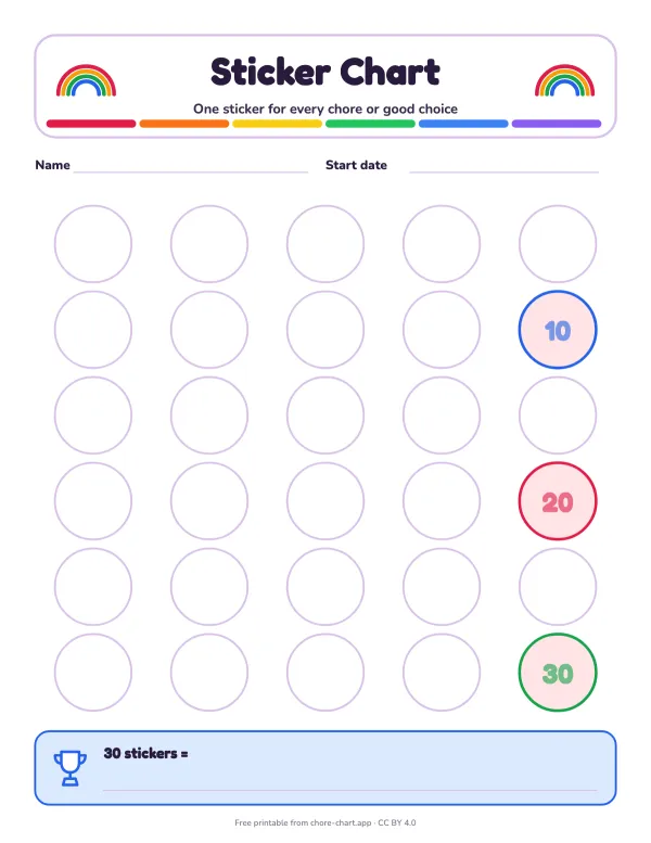 30-sticker chart (1-inch stickers) — printable PDF preview. A 5 x 6 grid of 1-inch circles with milestones every 10 stickers. The classic sticker chart.