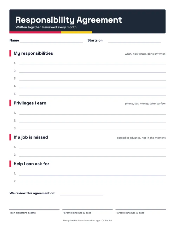 Teen chore agreement (contract) — printable PDF preview. Written with the teenager, not for them: their jobs, the privileges they earn (phone, car, curfew), the agreed result of a missed job, and both signatures.