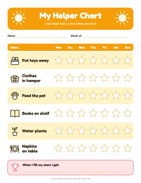 Toddler picture chore chart — printable PDF preview. Each of the six jobs is an icon a three-year-old can name (toys, hamper, pet bowl, books, plants, napkins), so no reading is needed, and a star goes on the same day.