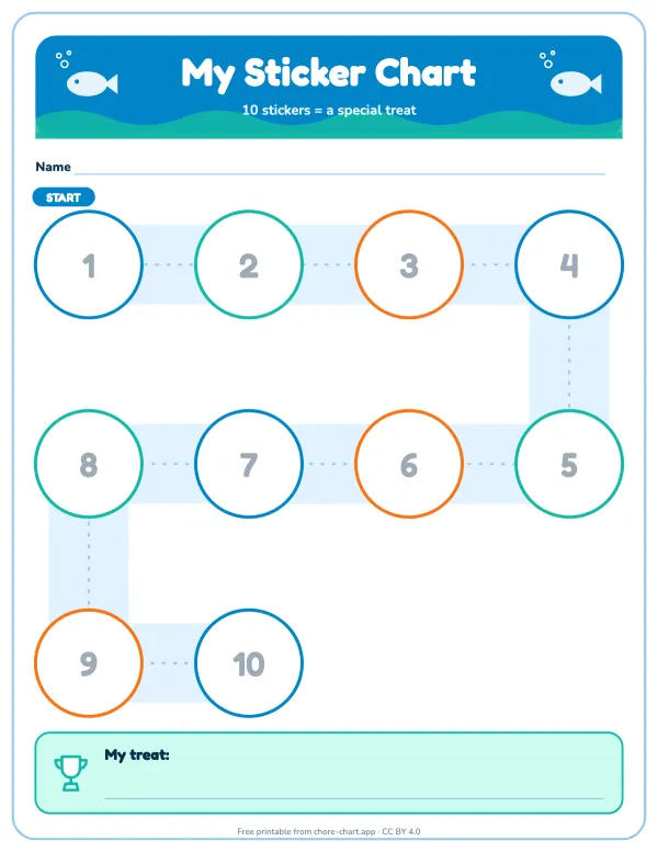 Toddler sticker chart (10 big spots) — printable PDF preview. Ten extra-large spots for toddlers: short enough that a reward is days away, not weeks.