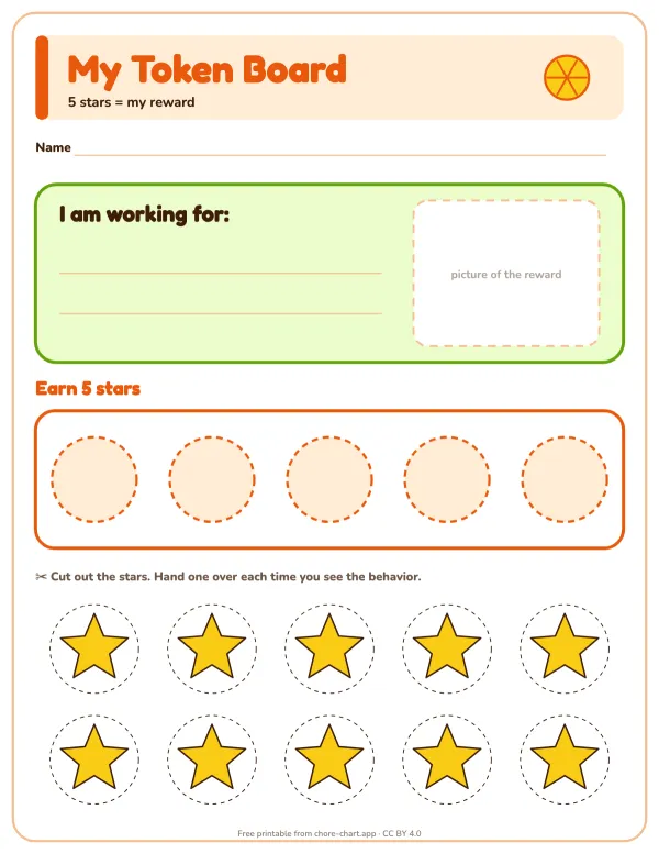 5-star token board — printable PDF preview. Choose the reward, earn five stars, get the reward. Ten cut-out star tokens included.