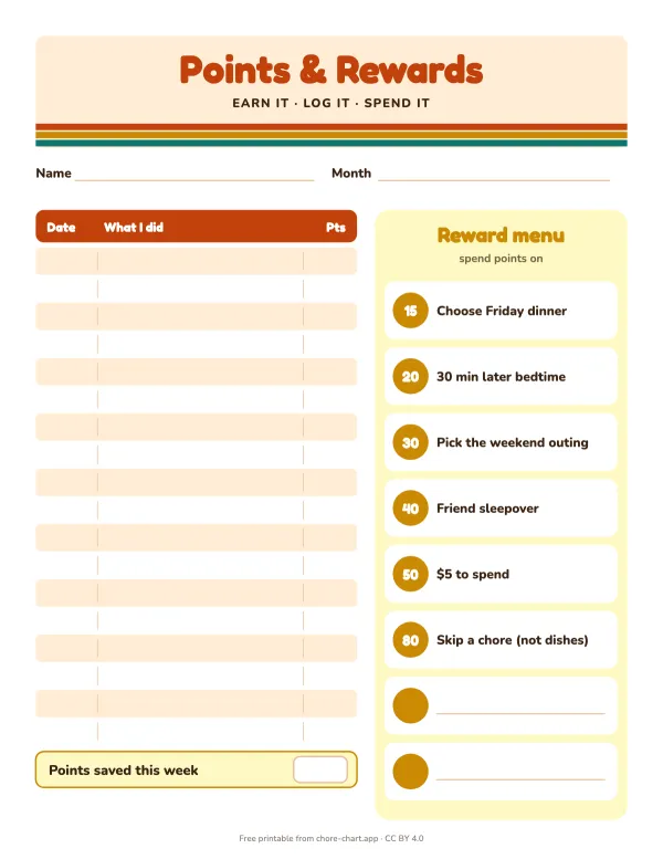 Tween points log and reward menu — printable PDF preview. Tweens want a say, so the rewards are a priced menu: 15 points for choosing Friday dinner, up to 80 to skip a chore. They decide when to spend.
