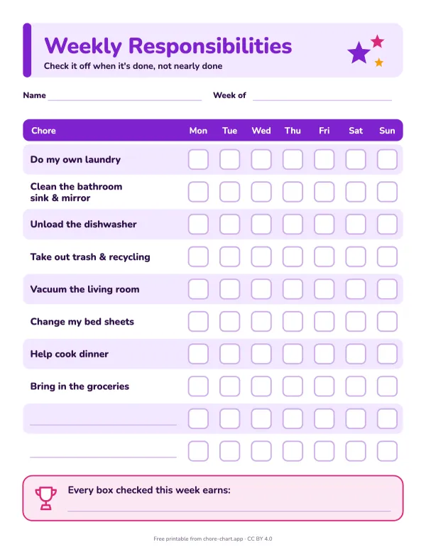 Weekly chore chart for tweens (11-13) — printable PDF preview. No icons or cartoons: eight bigger jobs like doing their own laundry and changing the sheets, and two blank rows for jobs the tween picks.