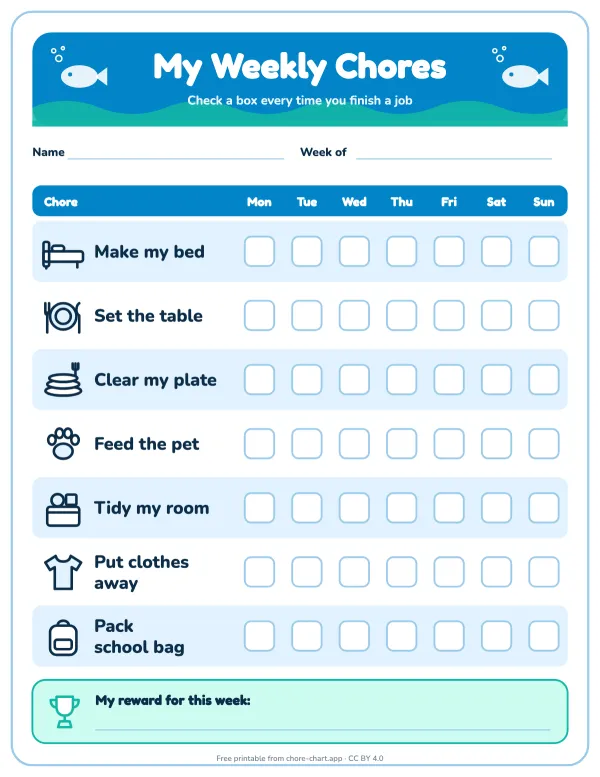 Weekly chore chart for ages 5-7 — printable PDF preview. Every job pairs an icon with three or four words ("Pack school bag"), which suits kids who are just starting to read. One box per job per day.