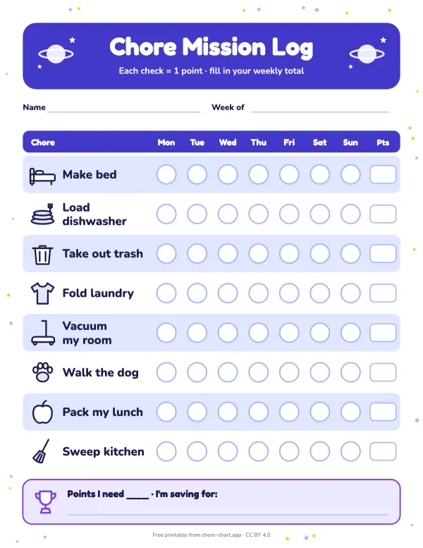 Weekly chore chart with points, ages 8-10 — printable PDF preview. Eight jobs that genuinely help the household (dishwasher, trash, laundry, walking the dog), with a point per check. At this age the total matters more than the sticker.